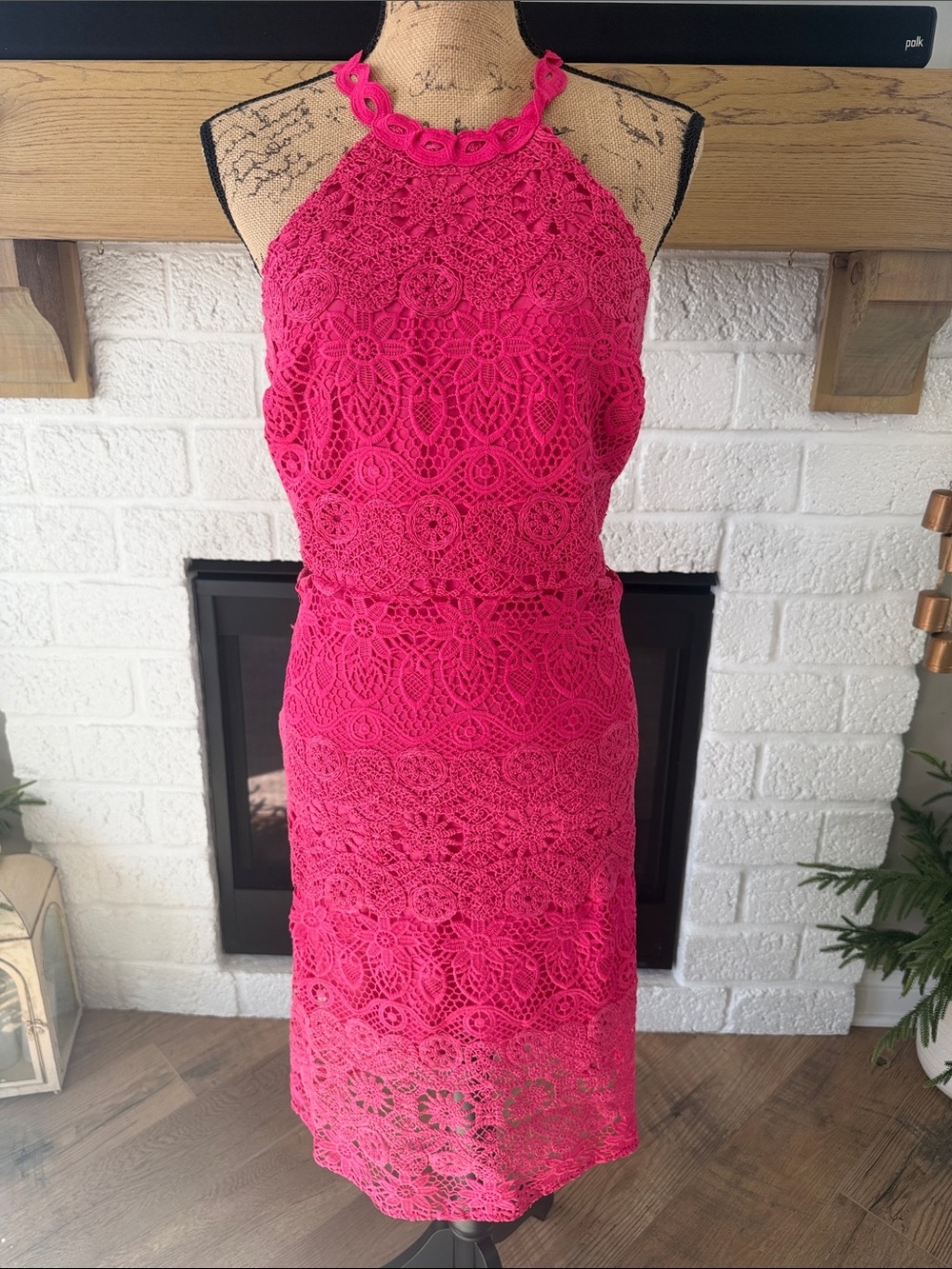 Guess Hayley Hot Pink Crochet Halter Midi Dress